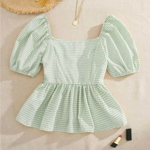 Puff Sleeve Ruffle Hem Gingham Blouse
